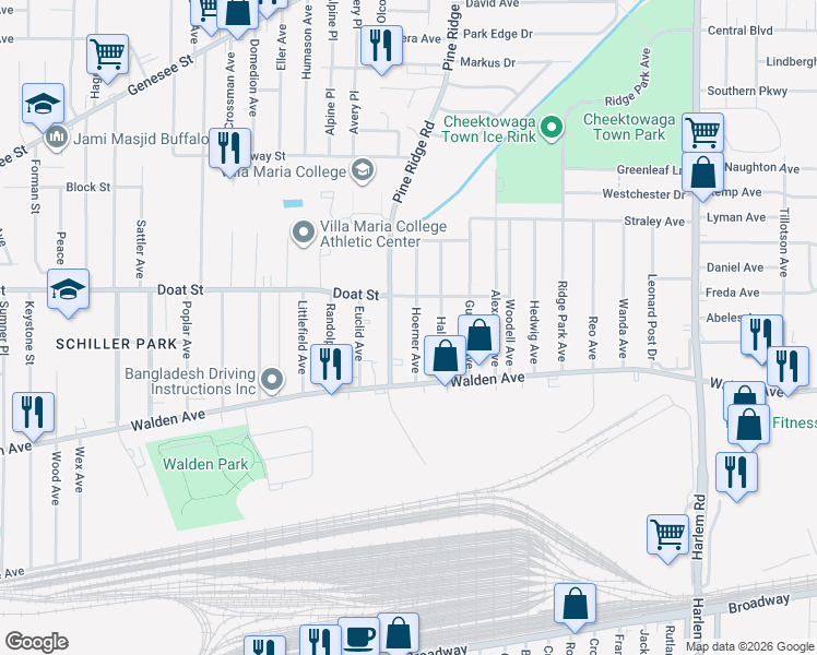 map of restaurants, bars, coffee shops, grocery stores, and more near 61 Hoerner Avenue in Buffalo