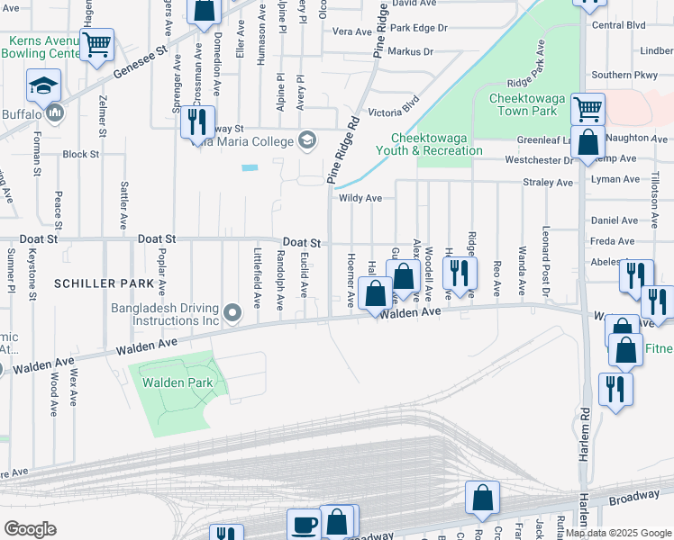 map of restaurants, bars, coffee shops, grocery stores, and more near 74 Pine Ridge Road in Buffalo