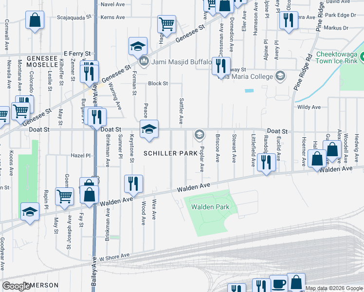 map of restaurants, bars, coffee shops, grocery stores, and more near 111 Academy Road in Buffalo