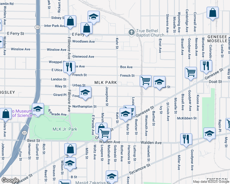 map of restaurants, bars, coffee shops, grocery stores, and more near 132 Kehr Street in Buffalo