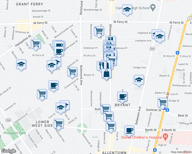 map of restaurants, bars, coffee shops, grocery stores, and more near 323 Bryant Street in Buffalo