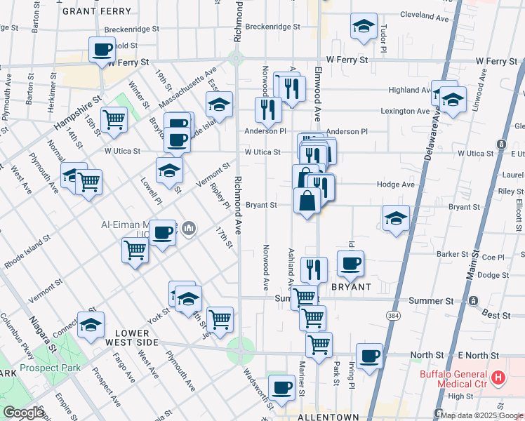 map of restaurants, bars, coffee shops, grocery stores, and more near 154 Norwood Avenue in Buffalo