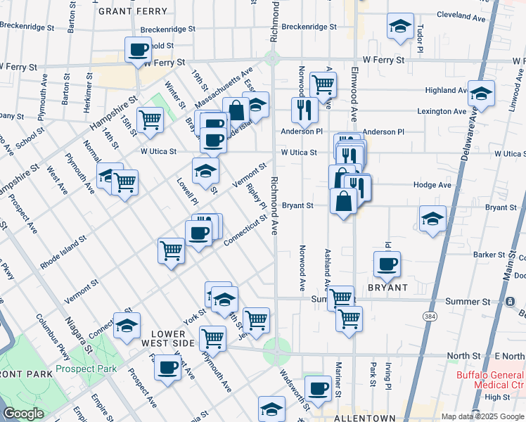 map of restaurants, bars, coffee shops, grocery stores, and more near 245 Richmond Avenue in Buffalo