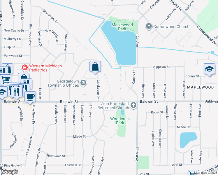 map of restaurants, bars, coffee shops, grocery stores, and more near 7725 Baldwin Woods Drive in Georgetown Township