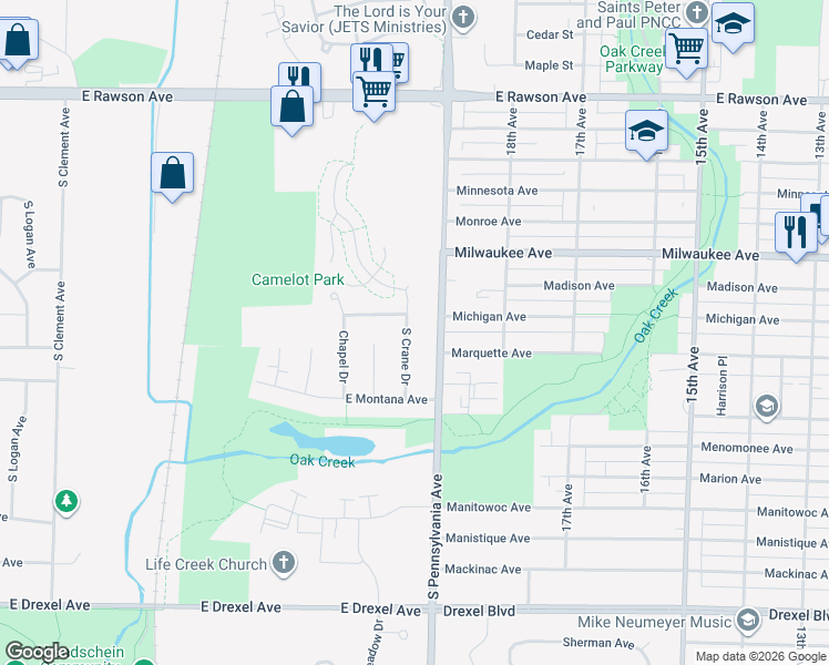 map of restaurants, bars, coffee shops, grocery stores, and more near 7439 South Pennsylvania Avenue in Oak Creek