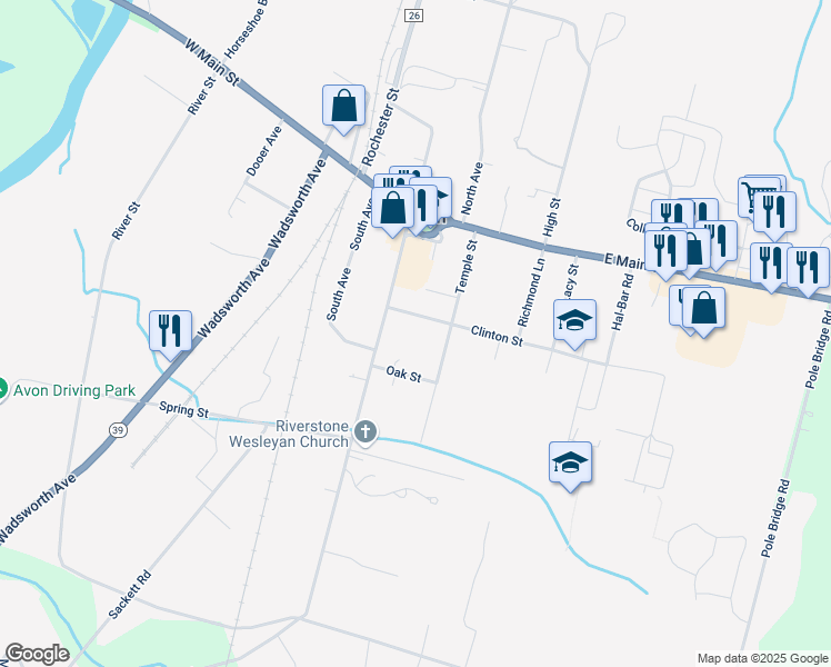map of restaurants, bars, coffee shops, grocery stores, and more near 15 Clinton Street in Avon