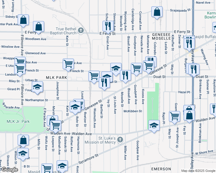map of restaurants, bars, coffee shops, grocery stores, and more near 165 Barthel Street in Buffalo
