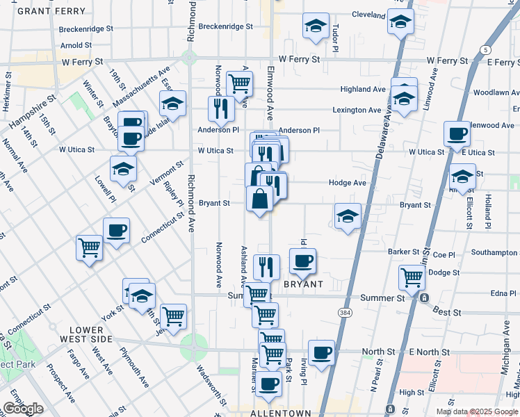 map of restaurants, bars, coffee shops, grocery stores, and more near 448 Elmwood Avenue in Buffalo