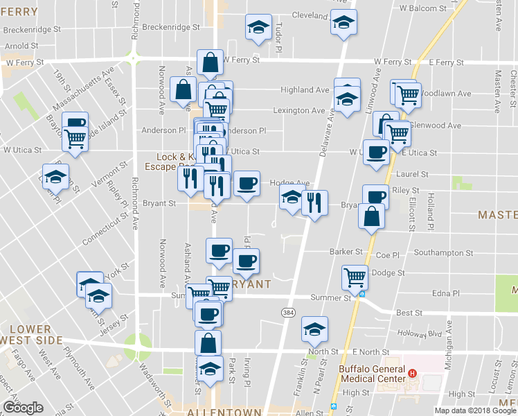 map of restaurants, bars, coffee shops, grocery stores, and more near 200 Bryant Street in Buffalo