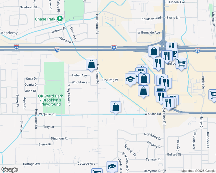 map of restaurants, bars, coffee shops, grocery stores, and more near 4170 Hawthorne Road in Pocatello