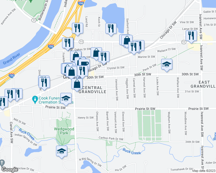 map of restaurants, bars, coffee shops, grocery stores, and more near 3056 Barrett Avenue Southwest in Grandville