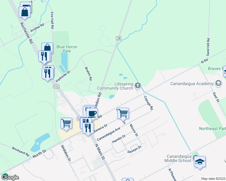 map of restaurants, bars, coffee shops, grocery stores, and more near 5092 Northside Lane in Canandaigua