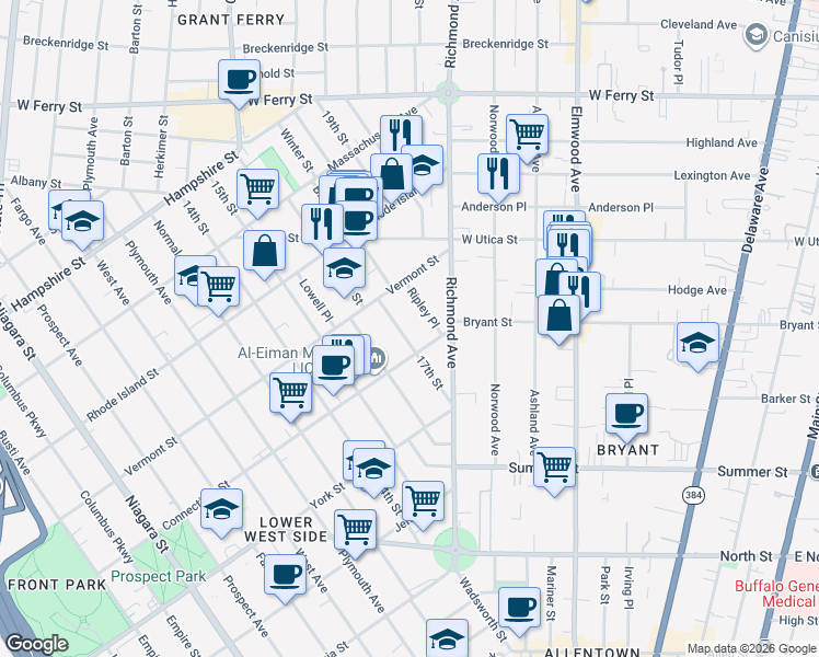 map of restaurants, bars, coffee shops, grocery stores, and more near 91 17th Street in Buffalo