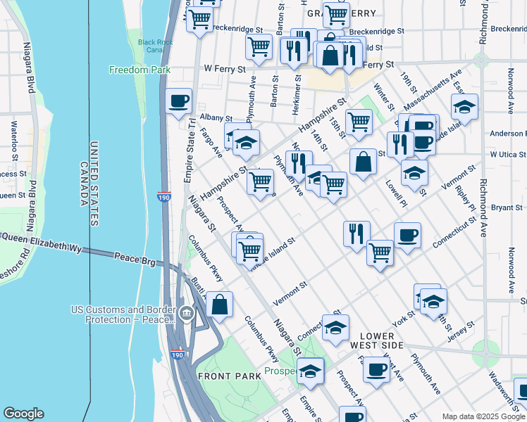 map of restaurants, bars, coffee shops, grocery stores, and more near 475 Fargo Avenue in Buffalo