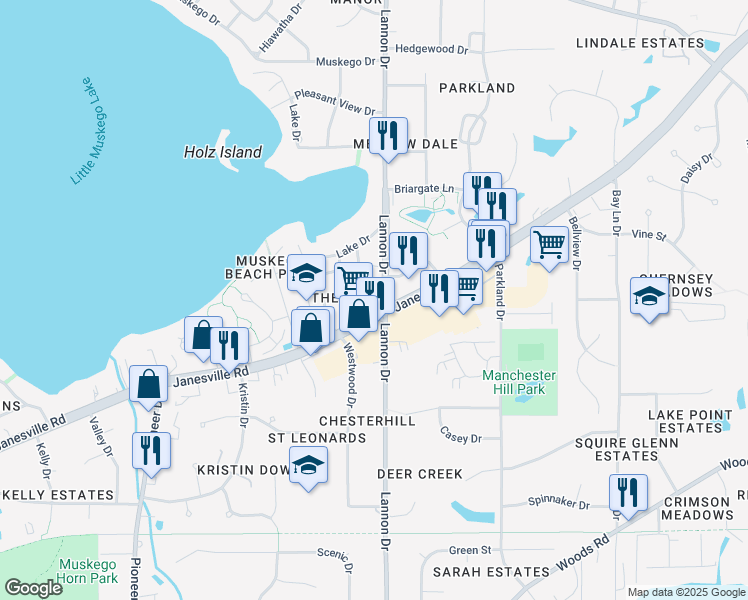 map of restaurants, bars, coffee shops, grocery stores, and more near W172S7505 Lannon Drive in Muskego