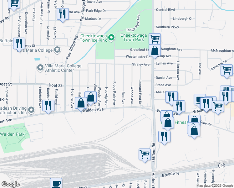 map of restaurants, bars, coffee shops, grocery stores, and more near 53 Ridge Park Avenue in Buffalo