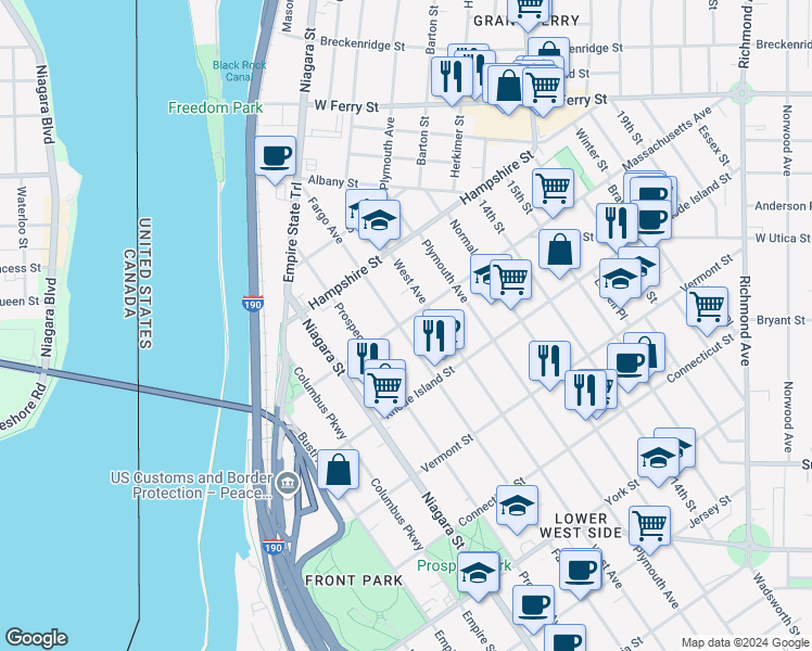 map of restaurants, bars, coffee shops, grocery stores, and more near 467 Fargo Avenue in Buffalo