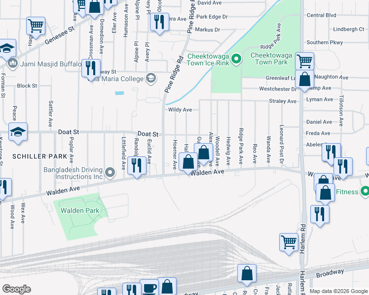 map of restaurants, bars, coffee shops, grocery stores, and more near 58 Haller Avenue in Buffalo