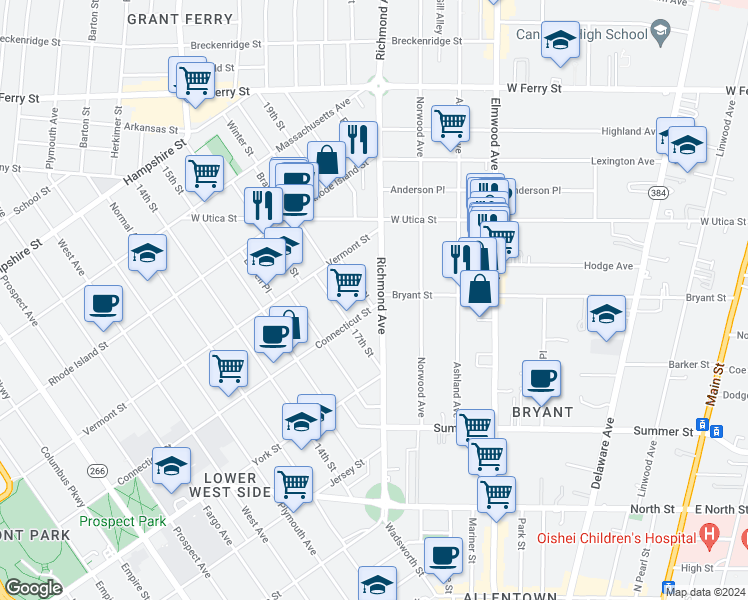 map of restaurants, bars, coffee shops, grocery stores, and more near 245 Richmond Avenue in Buffalo
