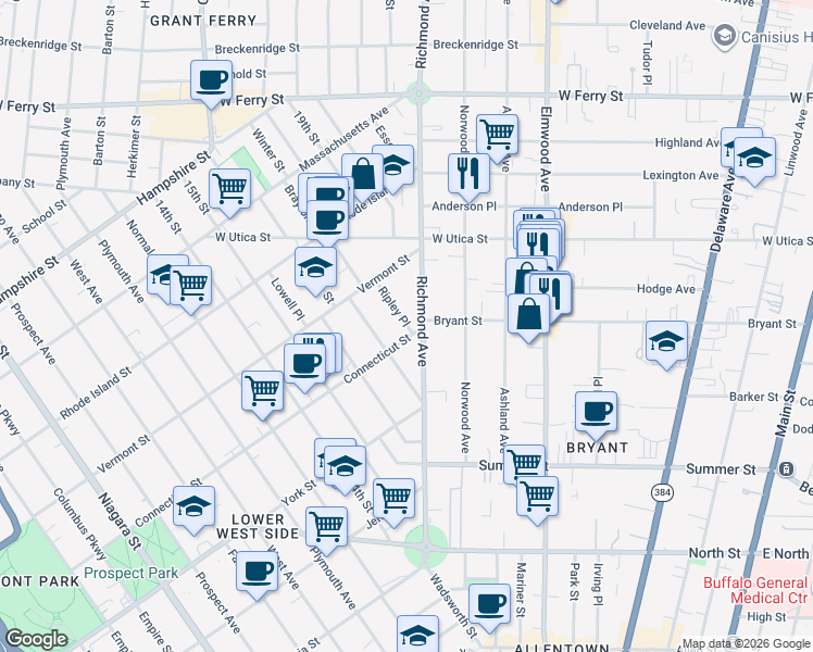 map of restaurants, bars, coffee shops, grocery stores, and more near 245 Richmond Avenue in Buffalo