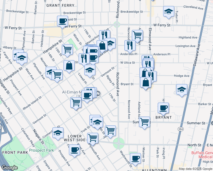 map of restaurants, bars, coffee shops, grocery stores, and more near 93 17th Street in Buffalo