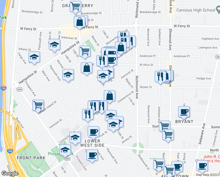 map of restaurants, bars, coffee shops, grocery stores, and more near 12 Lowell Place in Buffalo