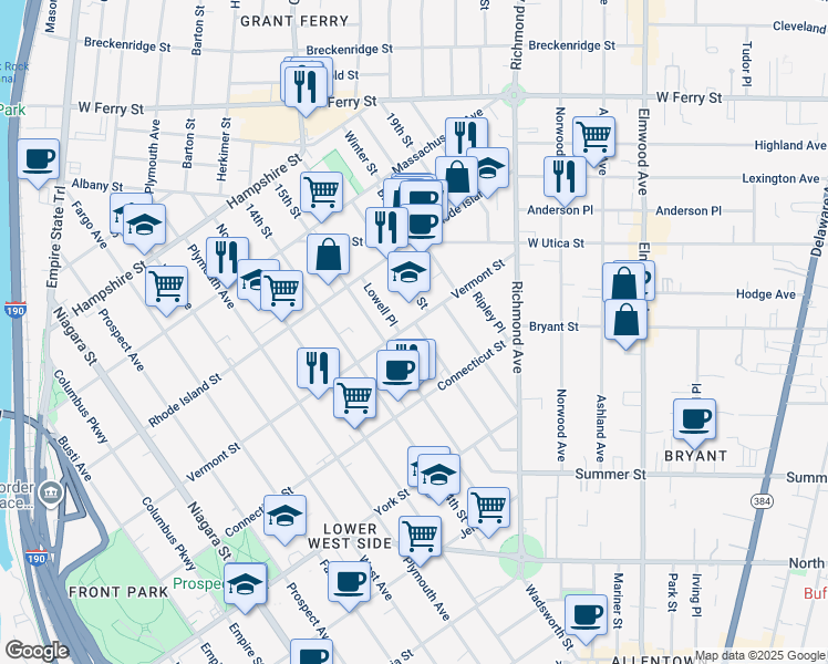 map of restaurants, bars, coffee shops, grocery stores, and more near 12 Lowell Place in Buffalo