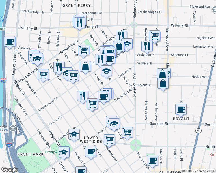 map of restaurants, bars, coffee shops, grocery stores, and more near 12 Lowell Place in Buffalo