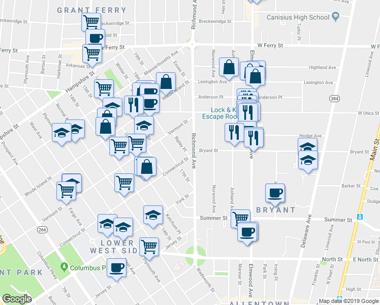 map of restaurants, bars, coffee shops, grocery stores, and more near 245 Richmond Avenue in Buffalo