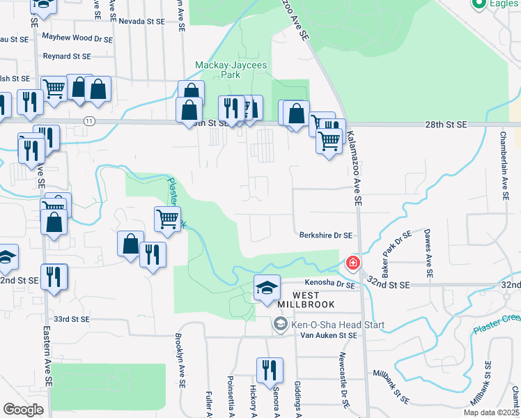 map of restaurants, bars, coffee shops, grocery stores, and more near 1333 Forrester Street Southeast in Grand Rapids