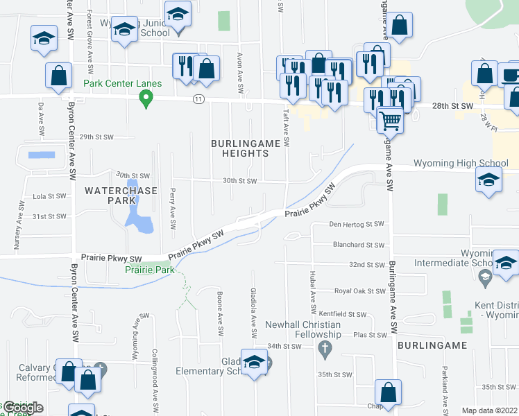map of restaurants, bars, coffee shops, grocery stores, and more near 1925 Prairie Parkway Southwest in Wyoming
