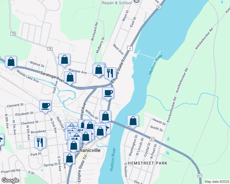 map of restaurants, bars, coffee shops, grocery stores, and more near 190 North Main Street in Mechanicville