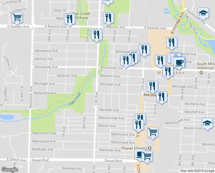 map of restaurants, bars, coffee shops, grocery stores, and more near 1411 Michigan Avenue in South Milwaukee