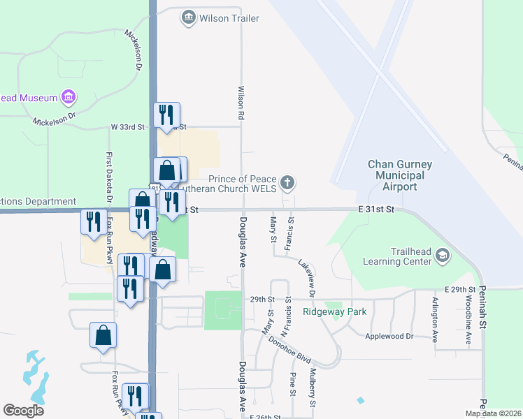 map of restaurants, bars, coffee shops, grocery stores, and more near 158 East 31st Street in Yankton