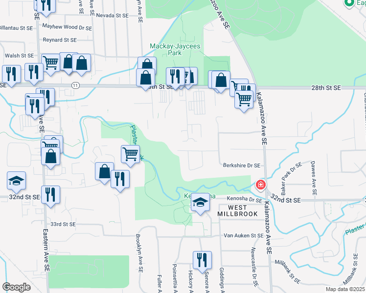map of restaurants, bars, coffee shops, grocery stores, and more near 1305 Forrester Street Southeast in Grand Rapids
