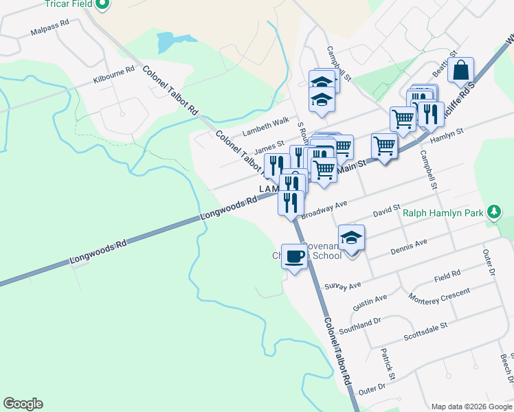 map of restaurants, bars, coffee shops, grocery stores, and more near 7061 Longwoods Road in London