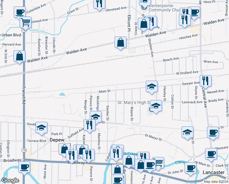 map of restaurants, bars, coffee shops, grocery stores, and more near 119 Main Street in Depew