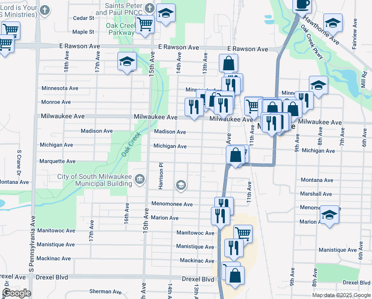 map of restaurants, bars, coffee shops, grocery stores, and more near 1321 Michigan Avenue in South Milwaukee