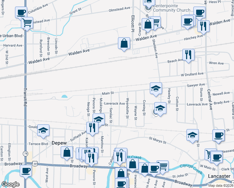 map of restaurants, bars, coffee shops, grocery stores, and more near 119 Main Street in Depew