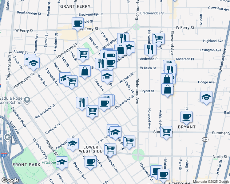 map of restaurants, bars, coffee shops, grocery stores, and more near 169 16th Street in Buffalo