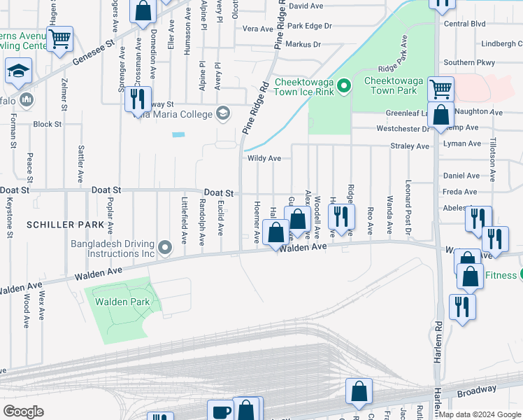 map of restaurants, bars, coffee shops, grocery stores, and more near 61 Hoerner Avenue in Buffalo