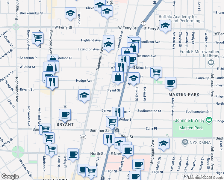 map of restaurants, bars, coffee shops, grocery stores, and more near 1192 Main Street in Buffalo