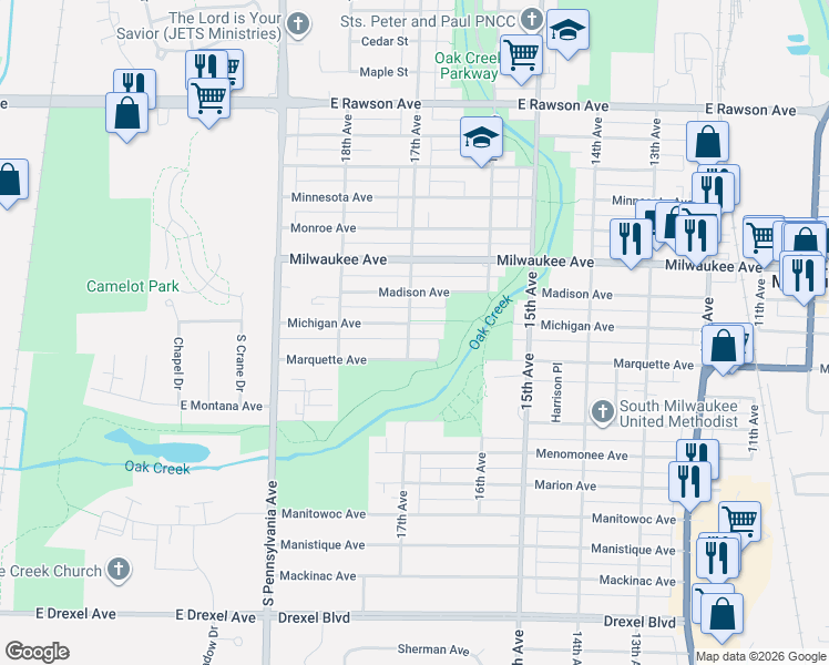 map of restaurants, bars, coffee shops, grocery stores, and more near 1643 Michigan Avenue in South Milwaukee