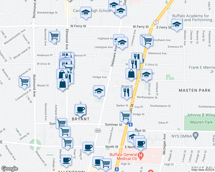 map of restaurants, bars, coffee shops, grocery stores, and more near Delaware Avenue & Bryant Street in Buffalo