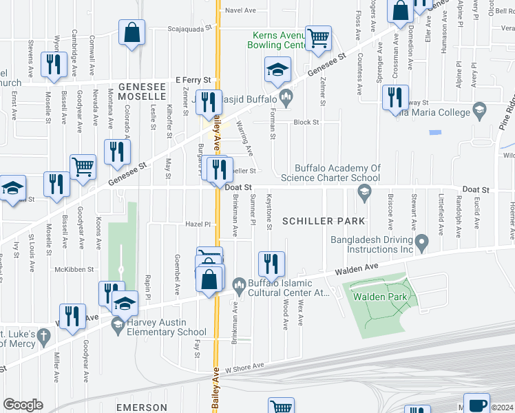 map of restaurants, bars, coffee shops, grocery stores, and more near 269 Sumner Place in Buffalo