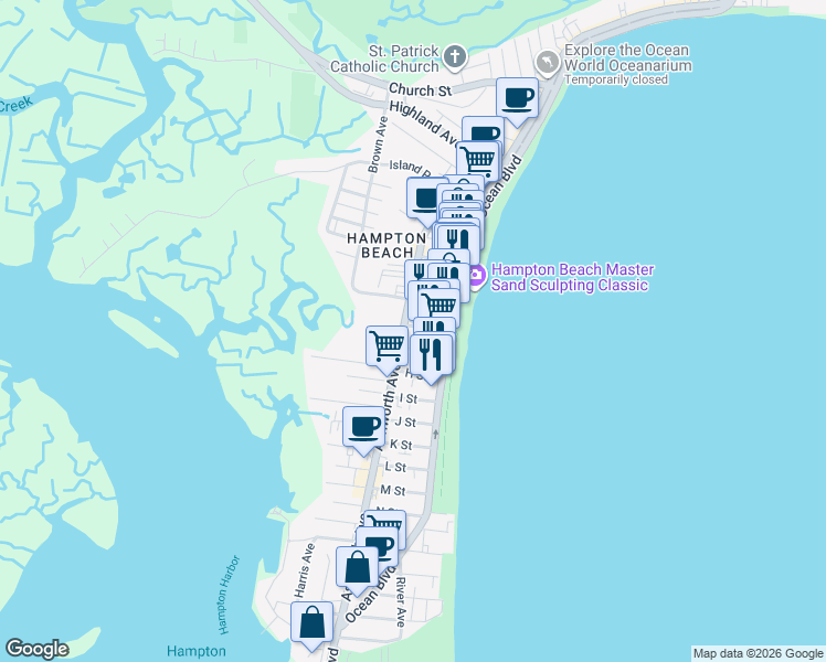 map of restaurants, bars, coffee shops, grocery stores, and more near 169 Ocean Boulevard in Hampton