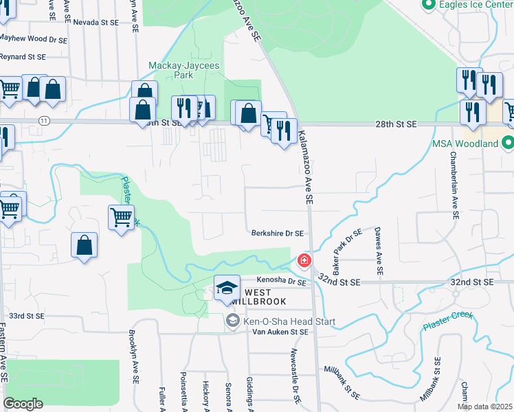 map of restaurants, bars, coffee shops, grocery stores, and more near 1455 Forrester Street Southeast in Grand Rapids