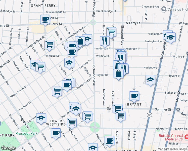 map of restaurants, bars, coffee shops, grocery stores, and more near 245 Richmond Avenue in Buffalo
