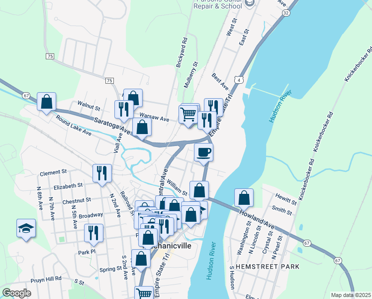 map of restaurants, bars, coffee shops, grocery stores, and more near 19-21 Penrose Avenue in Mechanicville