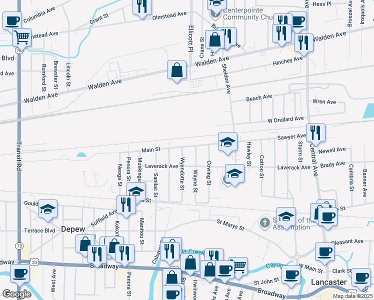 map of restaurants, bars, coffee shops, grocery stores, and more near 167 Sawyer Avenue in Depew